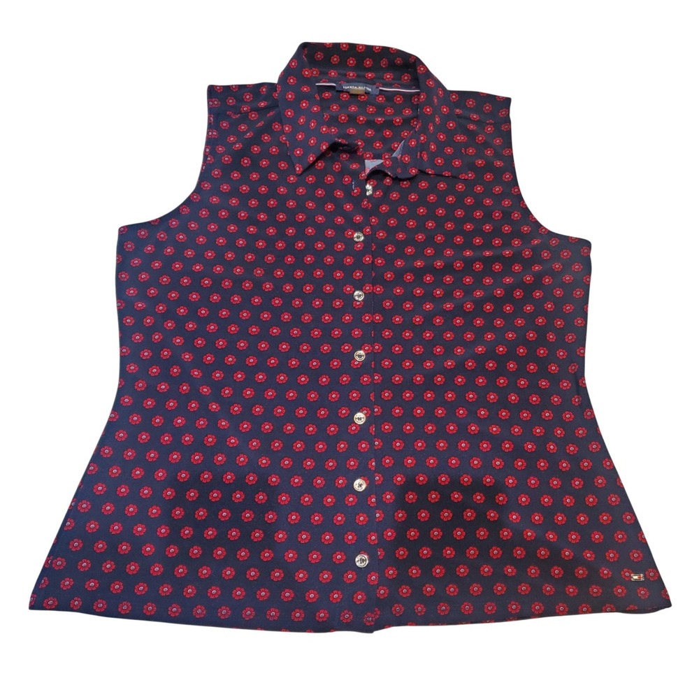 Tommy Hilfiger Womens Sleeveless Button Down Shirt Navy Red Floral Medallion L